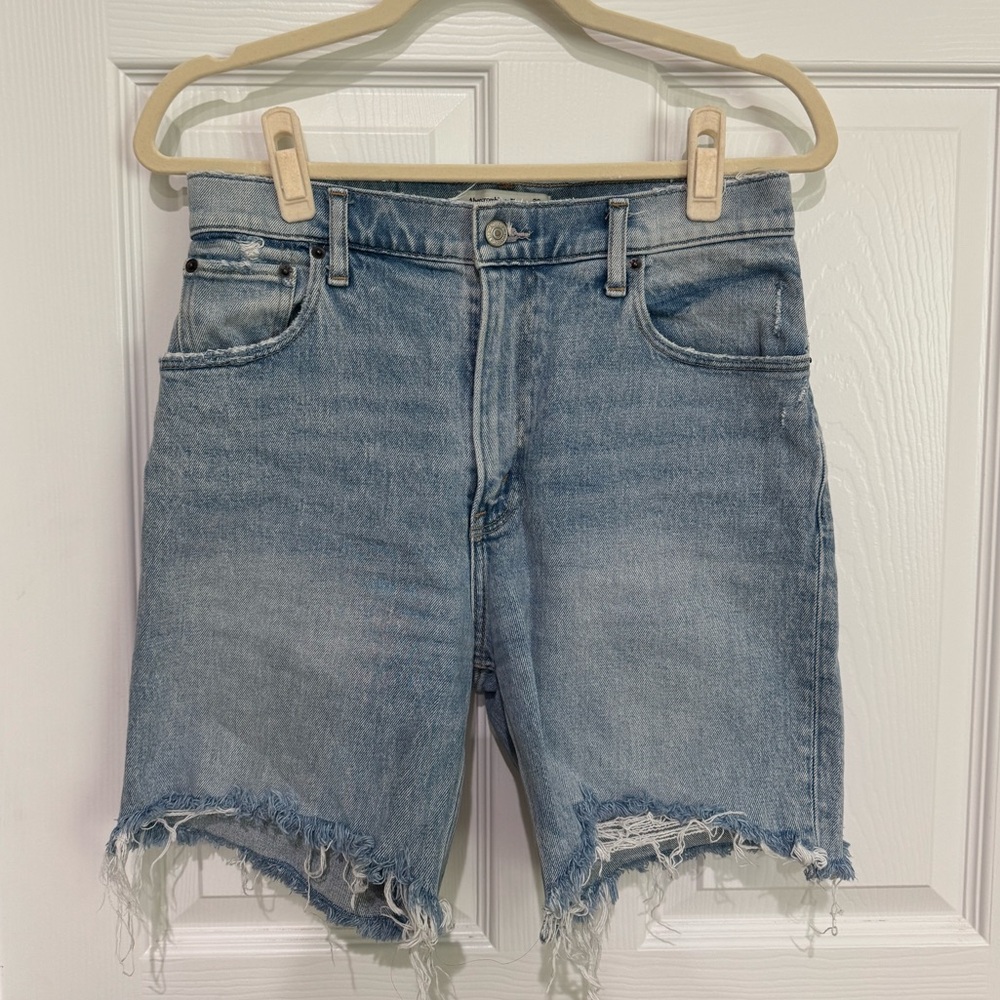 Abercrombie High-Rise Light Wash Frayed Hem Denim Shorts